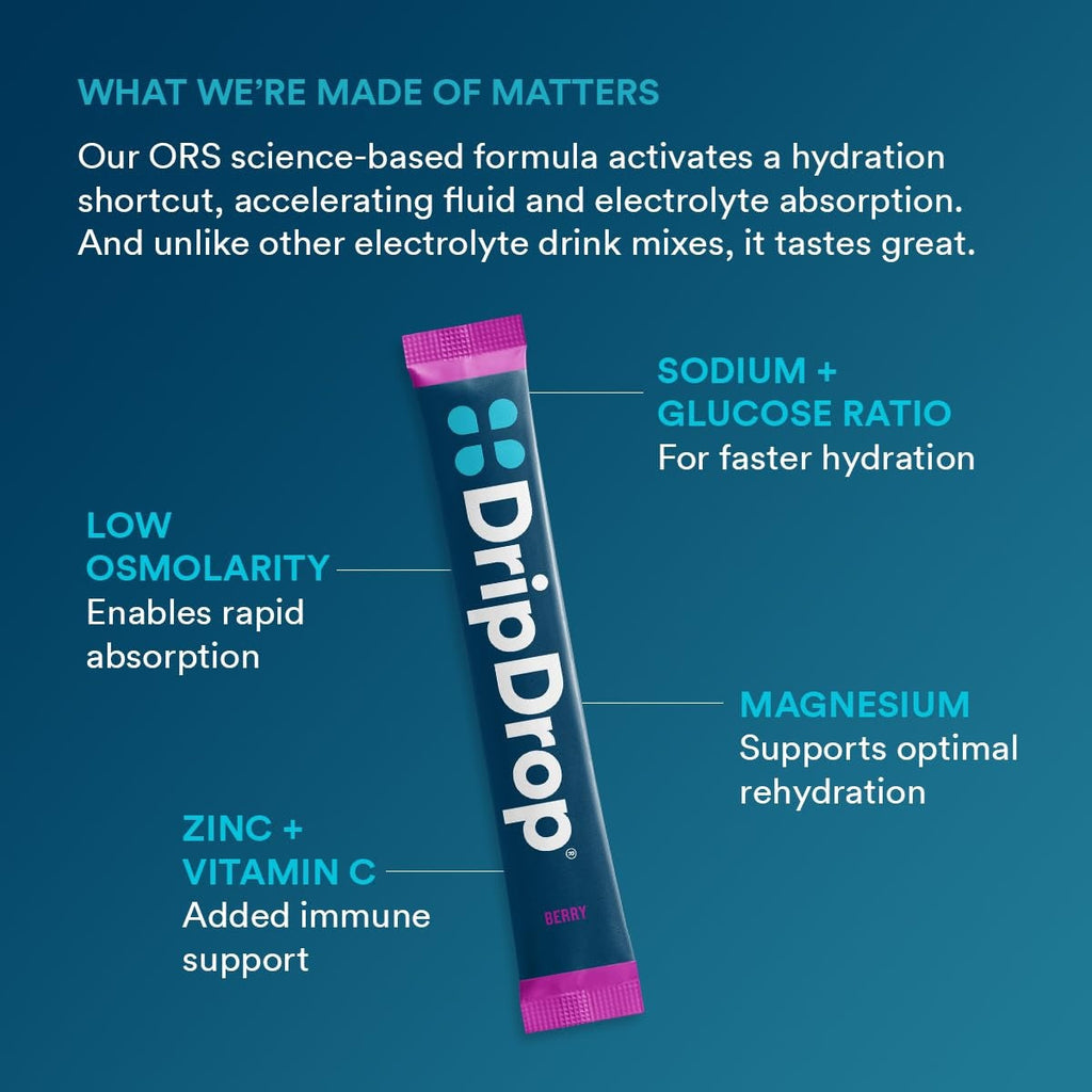 DripDrop Berry Electrolyte Powder, 8 oz sticks, 32 count
