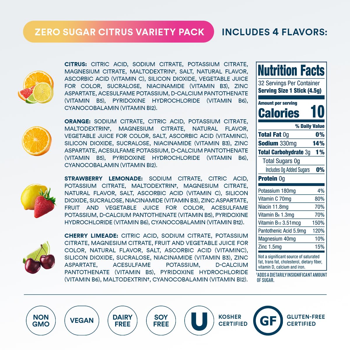 DripDrop Zero Sugar Citrus Variety Pack Electrolyte Powder, 8 oz sticks, 32 count