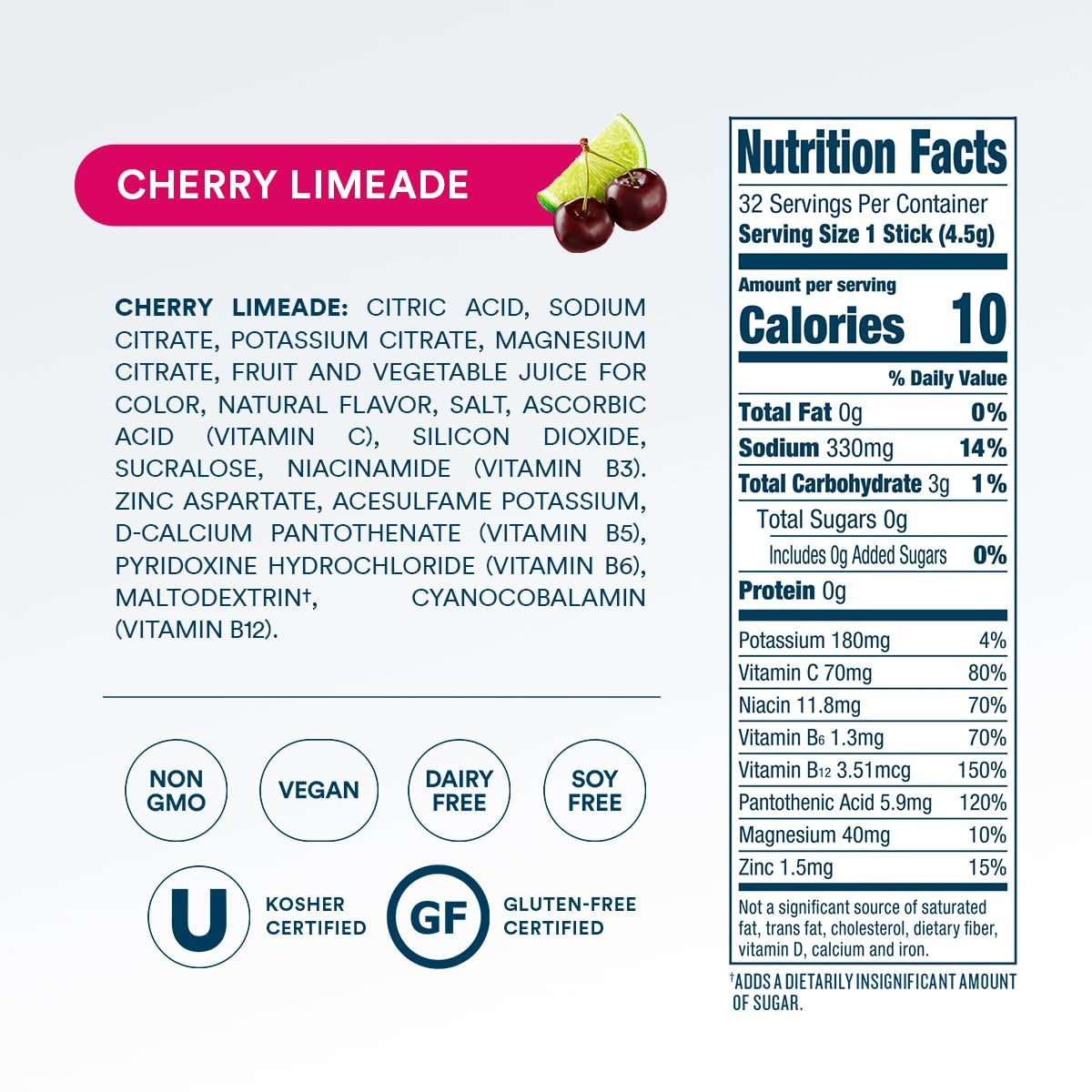 DripDrop Zero Sugar Cherry Limeade Electrolyte Powder, 8 oz sticks, 32 count
