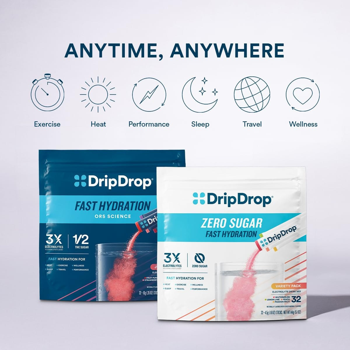 DripDrop Zero Sugar Citrus Variety Pack Electrolyte Powder, 8 oz sticks, 32 count