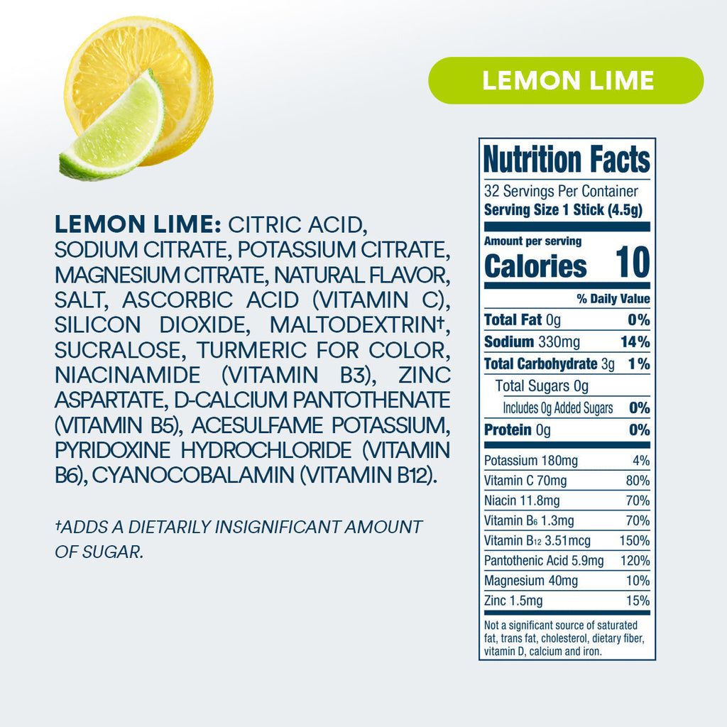 DripDrop Zero Sugar Lemon Lime Electrolyte Powder, 8 oz sticks, 32 count