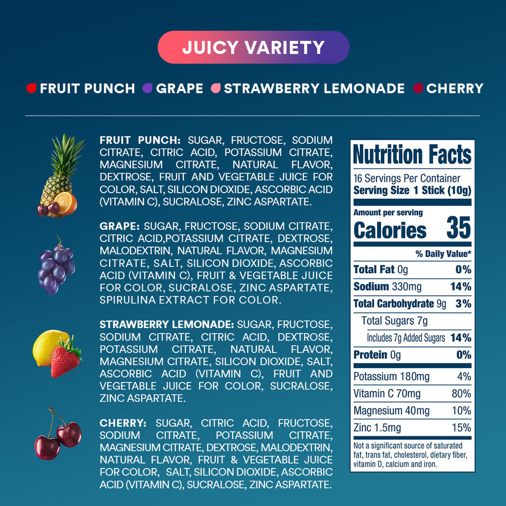 DripDrop Juicy Variety Pack Electrolyte Powder, 8 oz sticks, 16 count