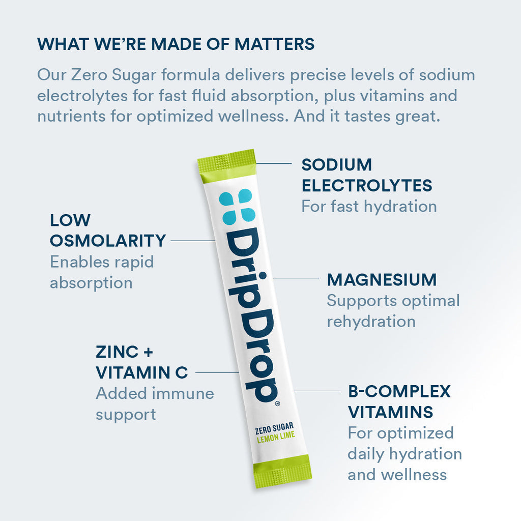 DripDrop Zero Sugar Lemon Lime Electrolyte Powder, 8 oz sticks, 32 count