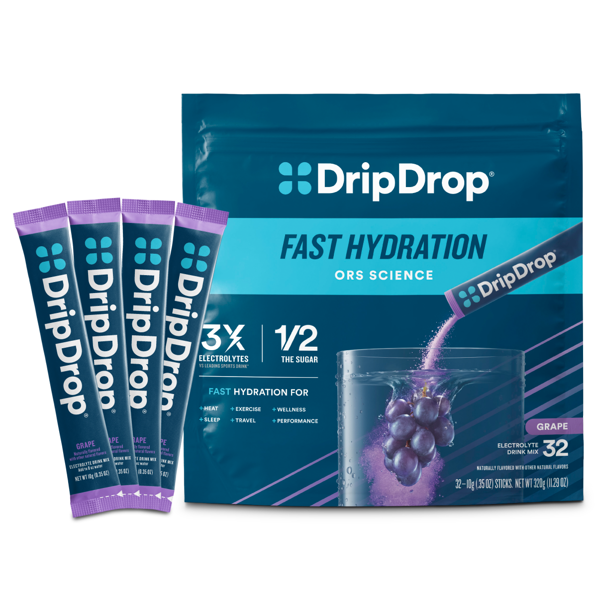 DripDrop Grape Electrolyte Powder, 8 oz sticks, 32 count