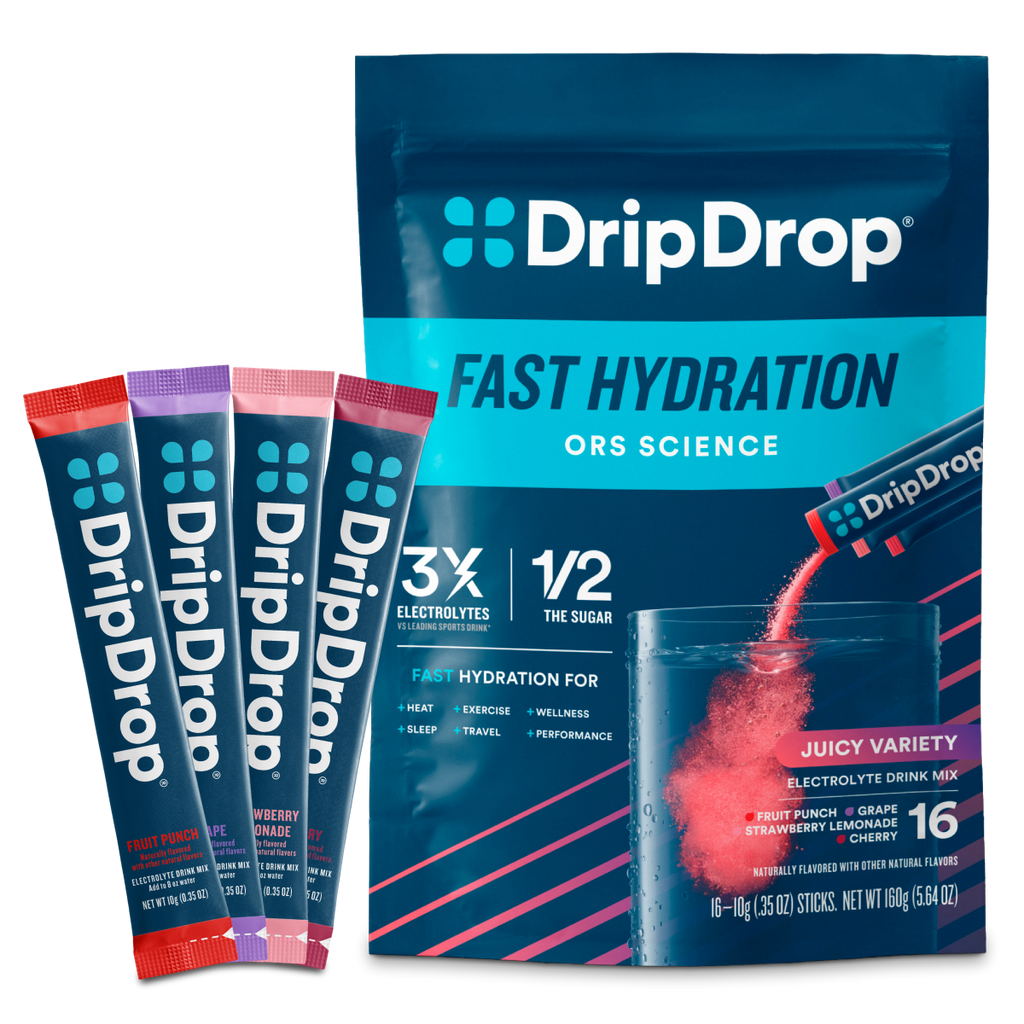 DripDrop Juicy Variety Pack Electrolyte Powder, 8 oz sticks, 16 count