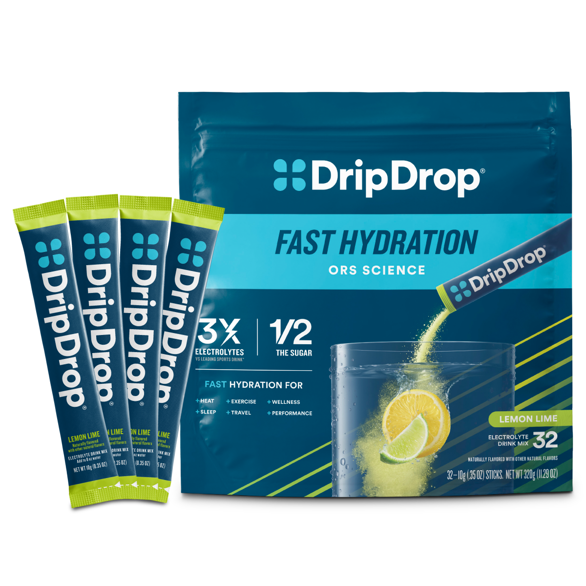 DripDrop Lemon Lime Electrolyte Powder, 8 oz sticks, 32 count