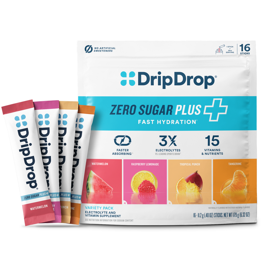 DripDrop Zero Sugar Plus, Watermelon, Tangerine, Tropical Punch, Raspberry Lemonade, 16 oz sticks, 16 count