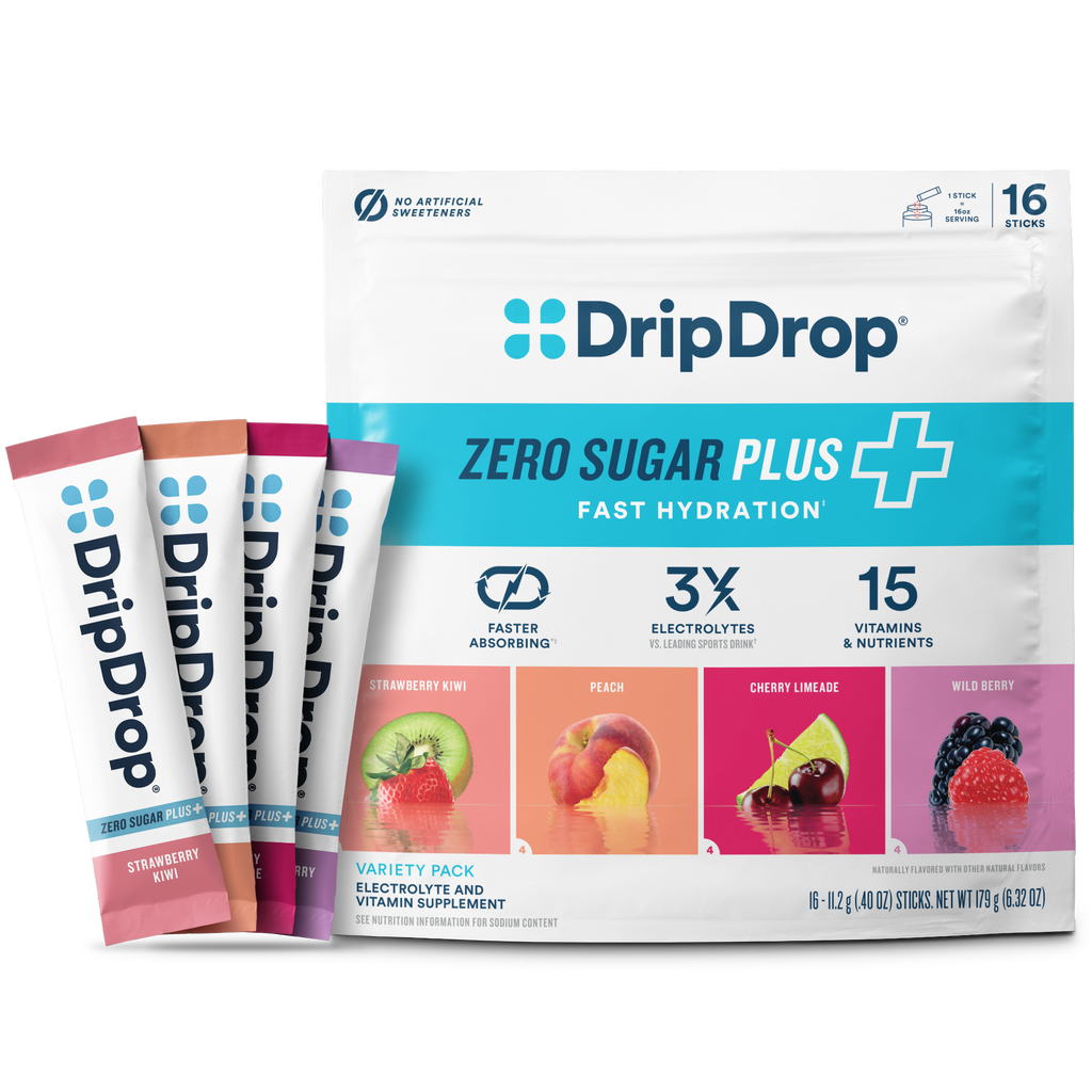 DripDrop Zero Sugar Plus, Strawberry Kiwi, Peach, Cherry Limeade, Wild Berry, 16 oz sticks, 16 count