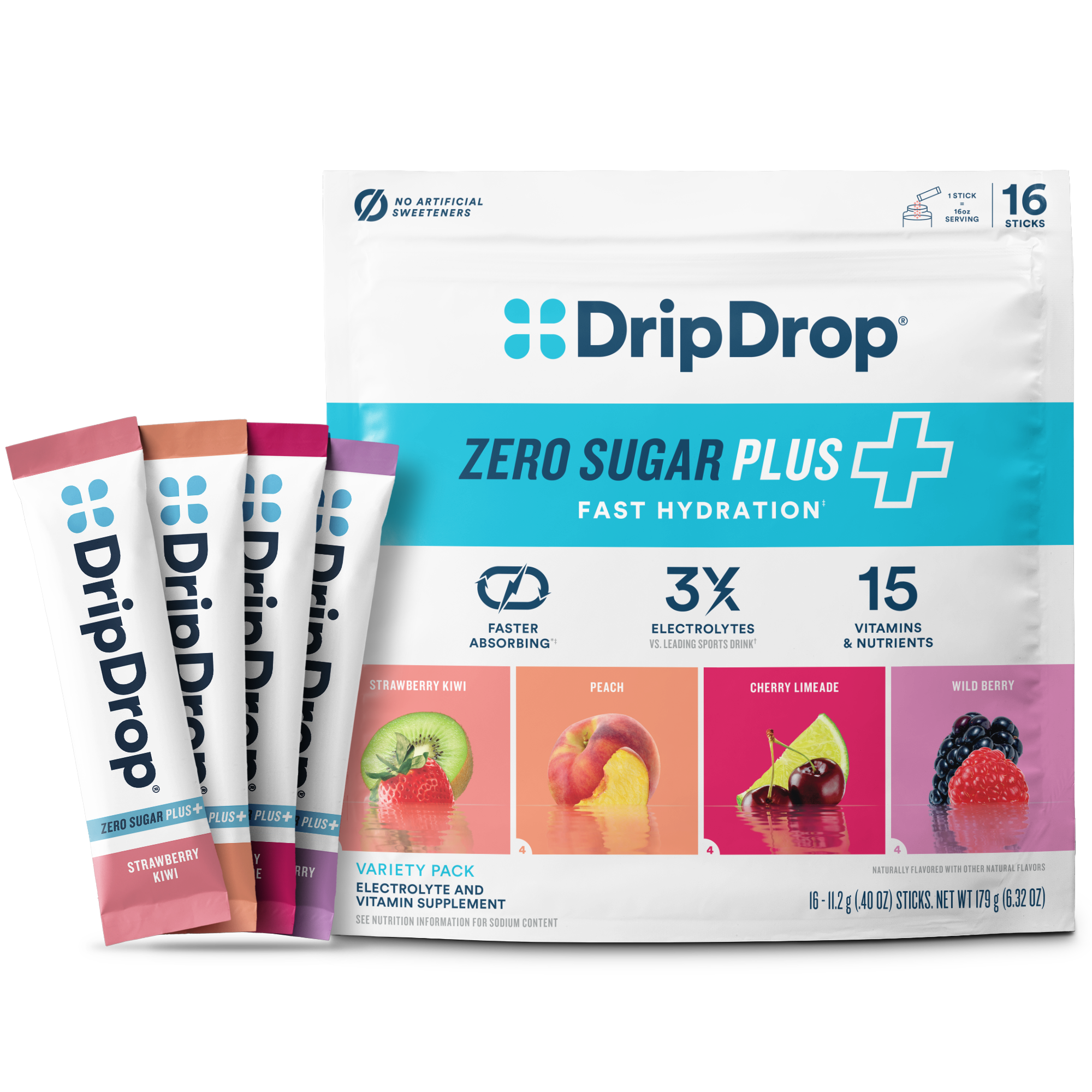 DripDrop Zero Sugar Plus, Strawberry Kiwi, Peach, Cherry Limeade, Wild Berry, 16 oz sticks, 16 count