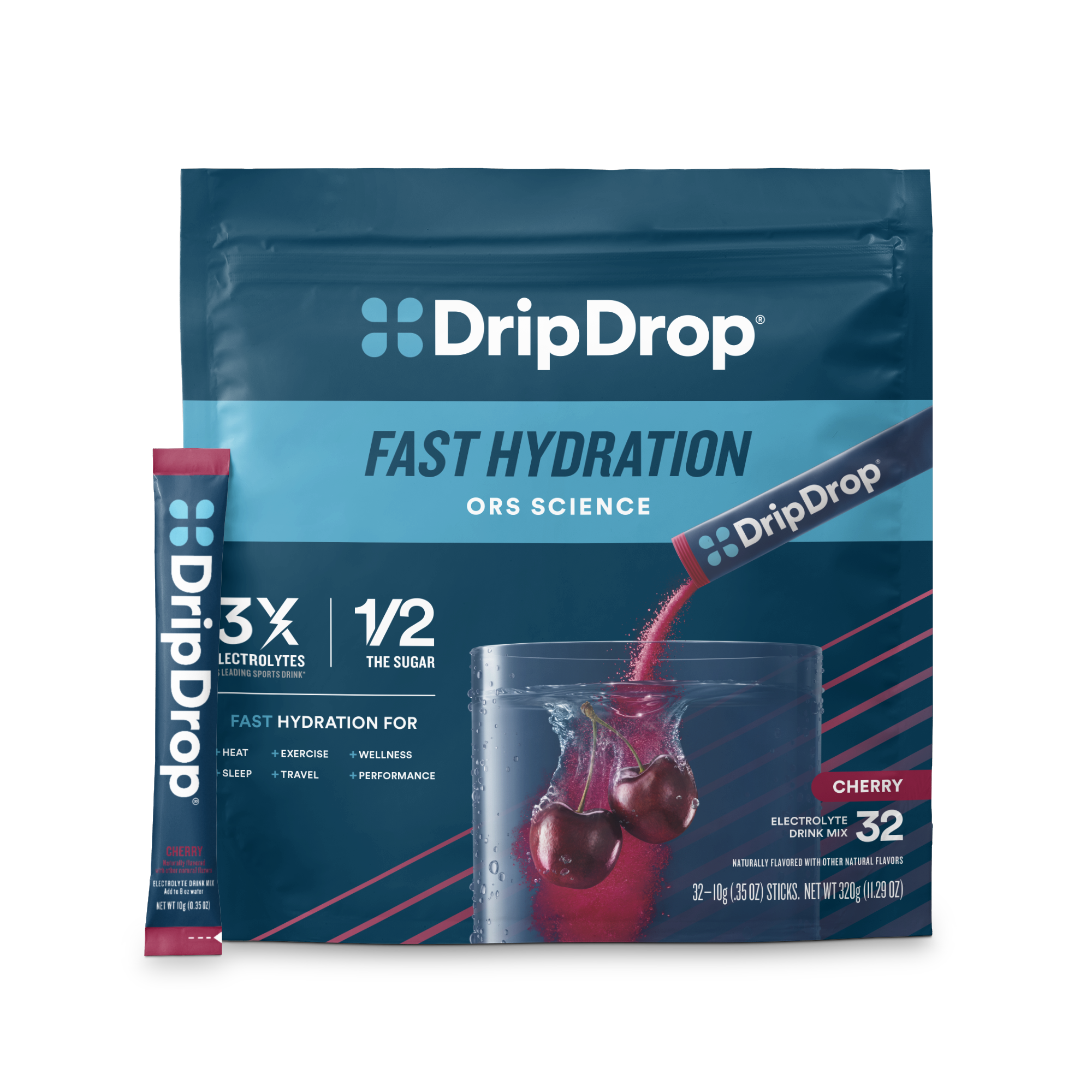 DripDrop Cherry Electrolyte Powder, 8 oz sticks, 32 count