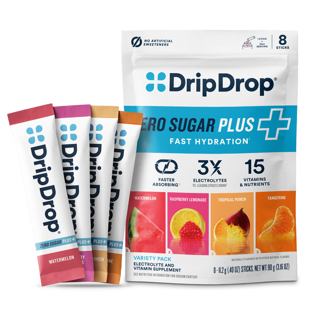 DripDrop Zero Sugar Plus, Watermelon, Tangerine, Tropical Punch, Raspberry Lemonade, 16 oz sticks, 8 count