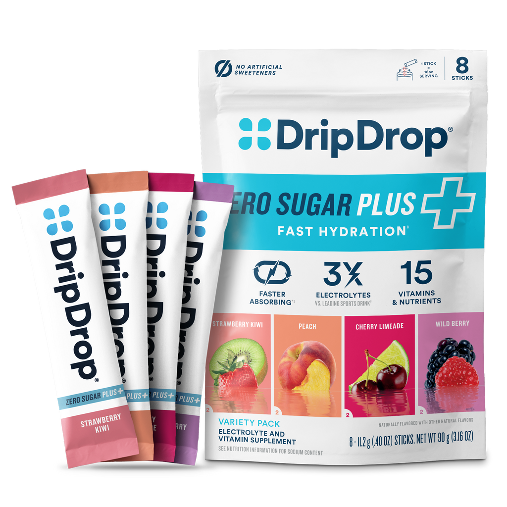 DripDrop Zero Sugar Plus, Strawberry Kiwi, Peach, Cherry Limeade, Wild Berry, 16 oz sticks, 8 count
