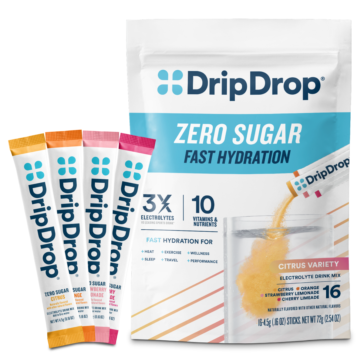 DripDrop Zero Sugar Citrus Variety Pack Electrolyte Powder, 8 oz sticks, 16 count