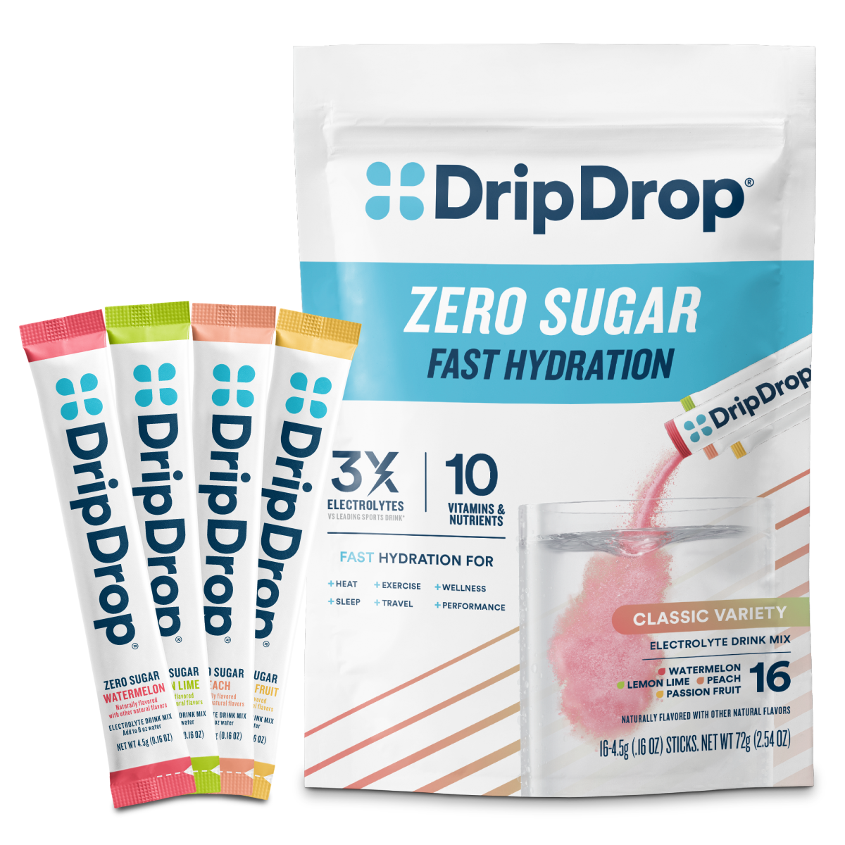 DripDrop Zero Sugar Classic Variety Pack Electrolyte Powder, 8 oz sticks, 16 count