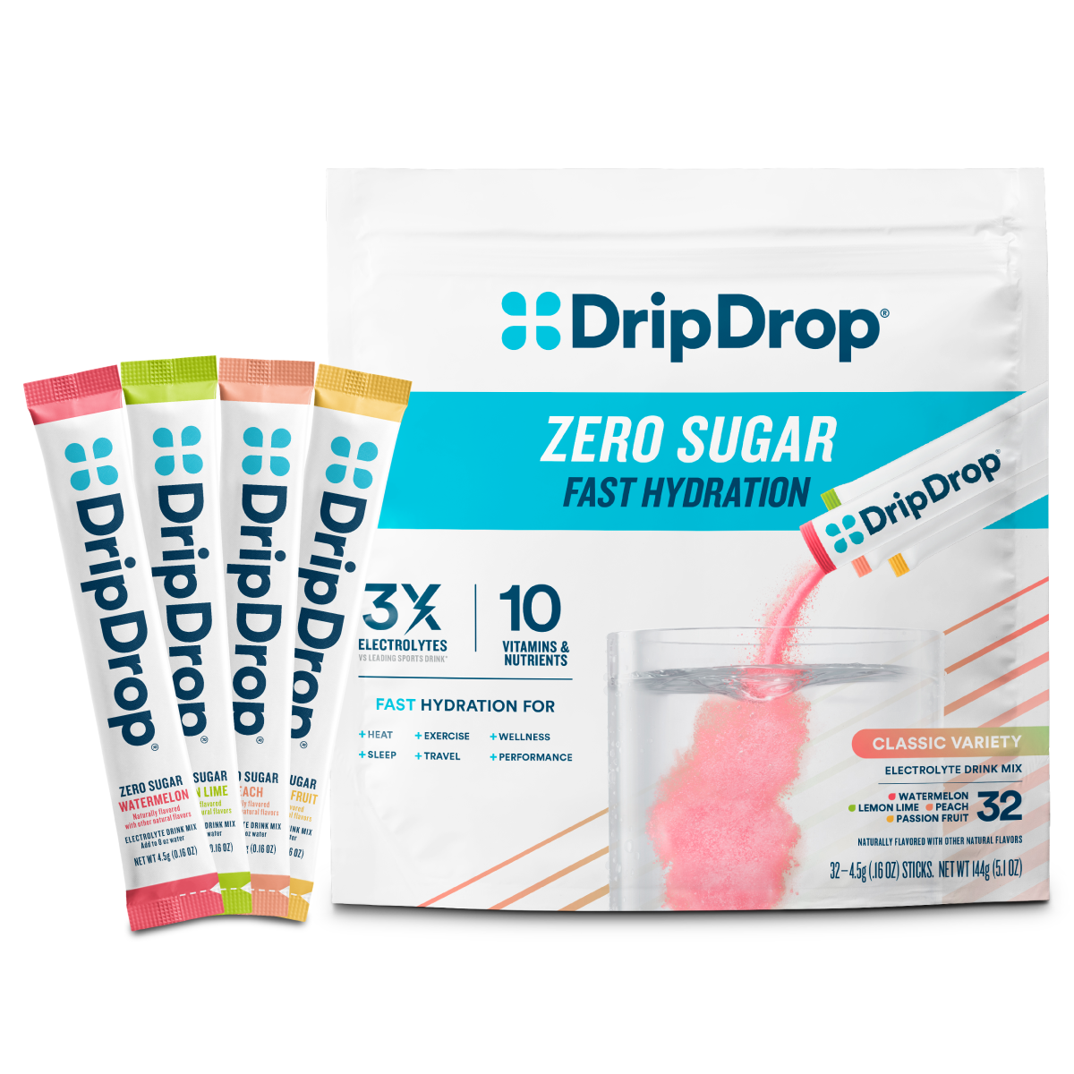 DripDrop Zero Sugar Classic Variety Pack Electrolyte Powder, 8 oz sticks, 32 count