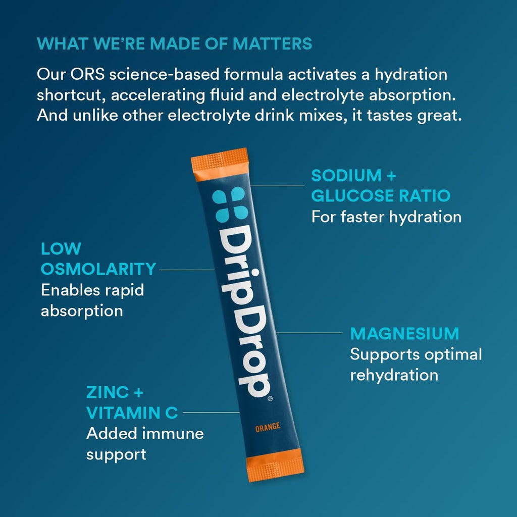 DripDrop Orange Electrolyte Powder, 8 oz sticks, 32 count