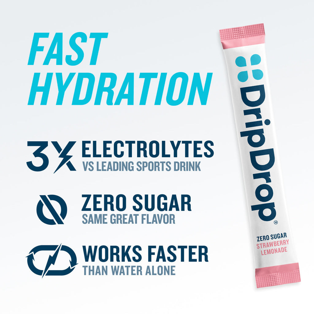 DripDrop Zero Sugar Strawberry Lemonade Electrolyte Powder, 8 oz sticks, 32 count