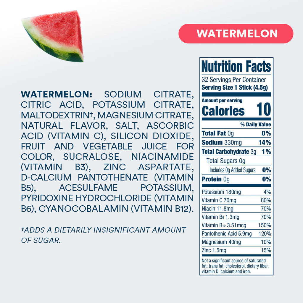 DripDrop Zero Sugar Watermelon Electrolyte Powder, 8 oz sticks, 32 count