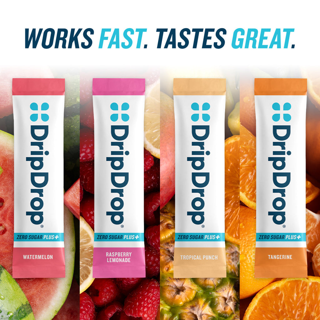 DripDrop Zero Sugar Plus, Watermelon, Tangerine, Tropical Punch, Raspberry Lemonade, 16 oz sticks, 16 count