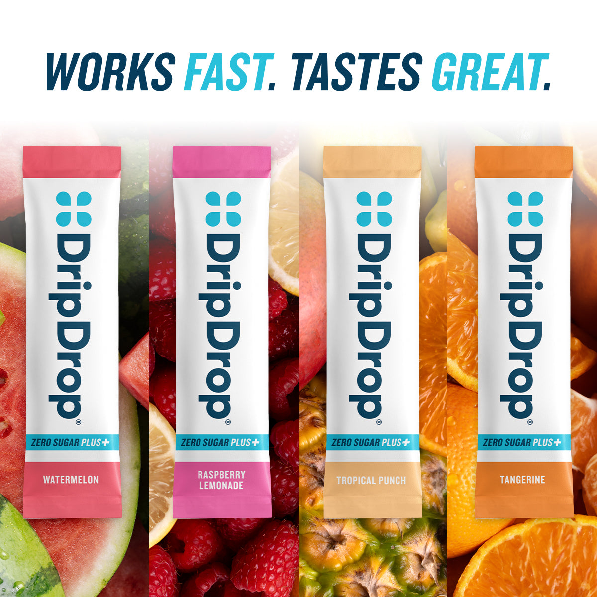 DripDrop Zero Sugar Plus, Watermelon, Tangerine, Tropical Punch, Raspberry Lemonade, 16 oz sticks, 8 count