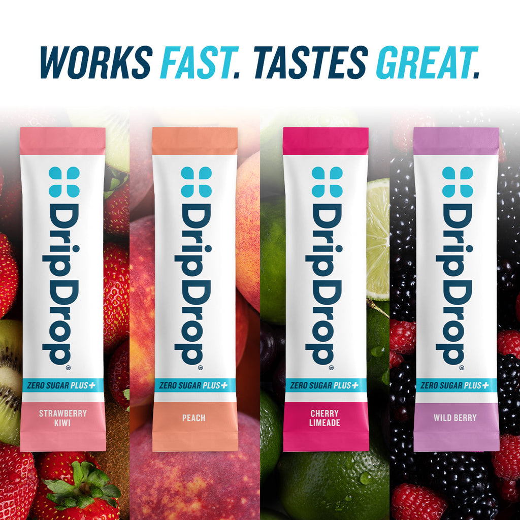 DripDrop Zero Sugar Plus, Strawberry Kiwi, Peach, Cherry Limeade, Wild Berry, 16 oz sticks, 16 count