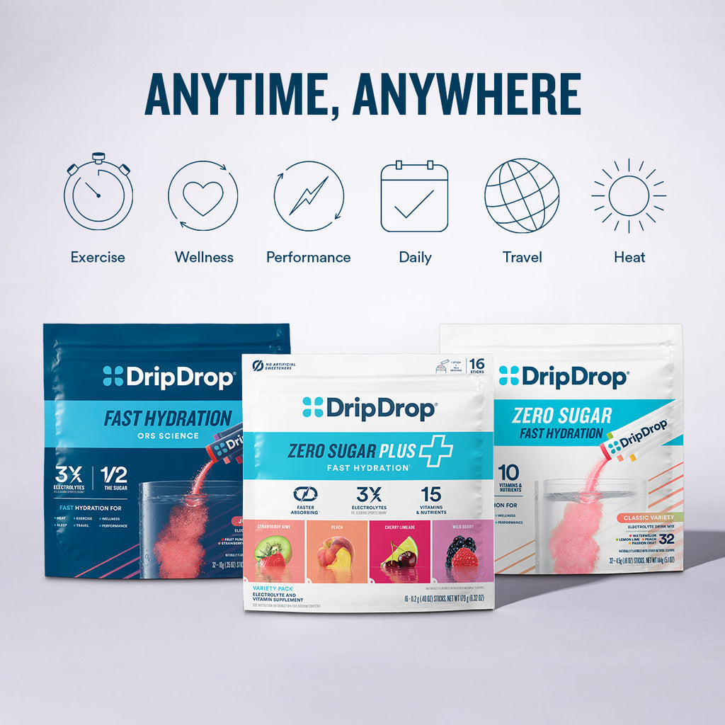 DripDrop Zero Sugar Plus, Watermelon, Tangerine, Tropical Punch, Raspberry Lemonade, 16 oz sticks, 8 count