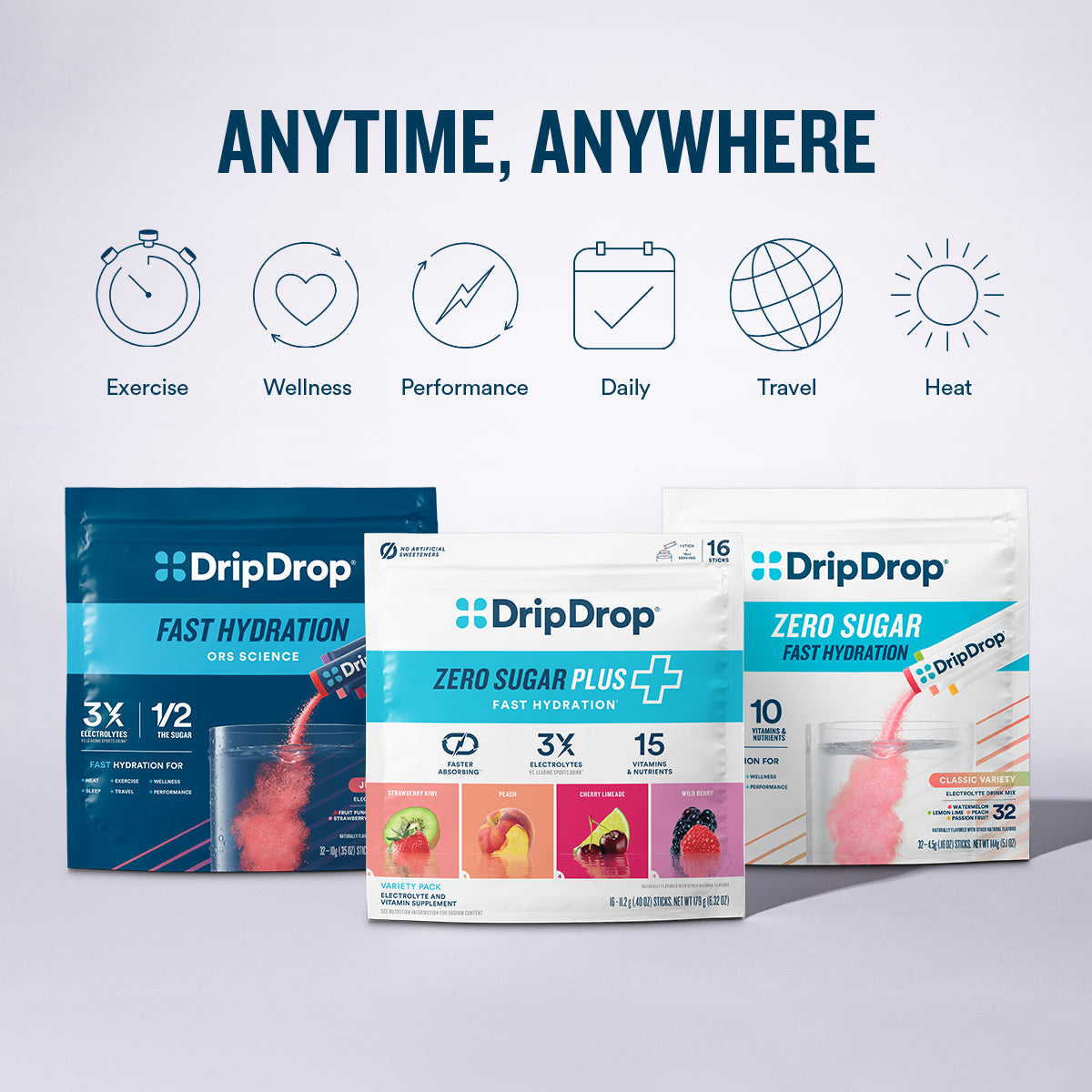 DripDrop Zero Sugar Plus, Watermelon, Tangerine, Tropical Punch, Raspberry Lemonade, 16 oz sticks, 16 count