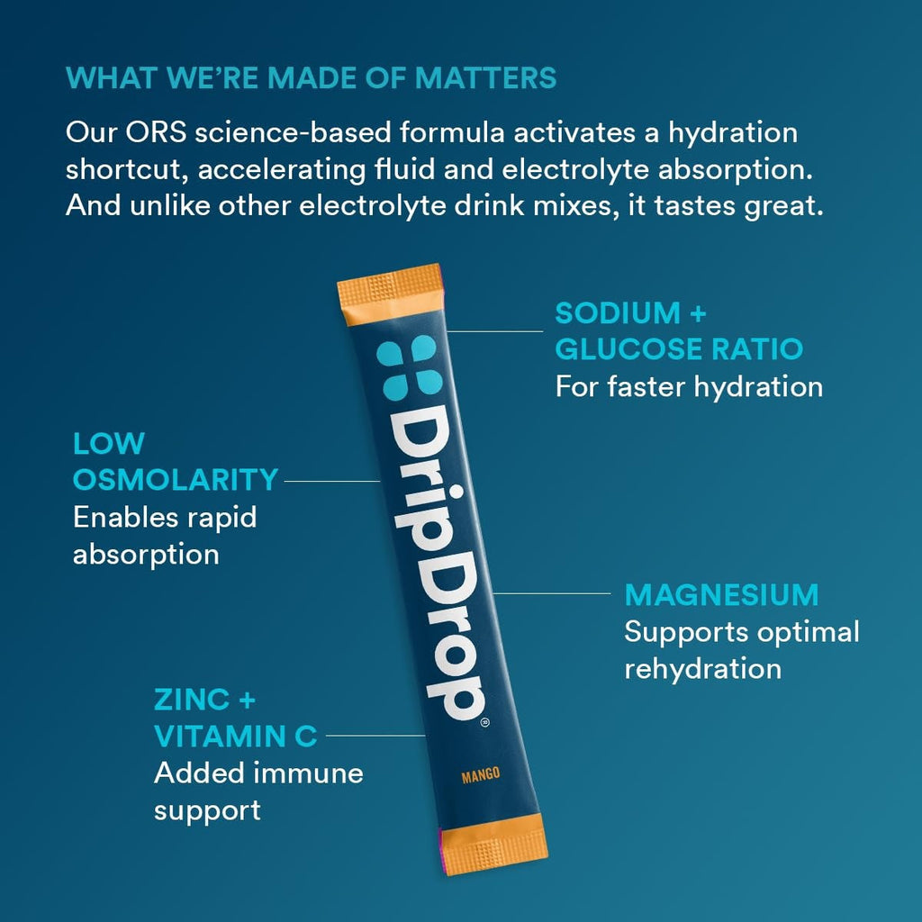 DripDrop Tropical Variety Pack Electrolyte Powder, 8 oz sticks, 32 count