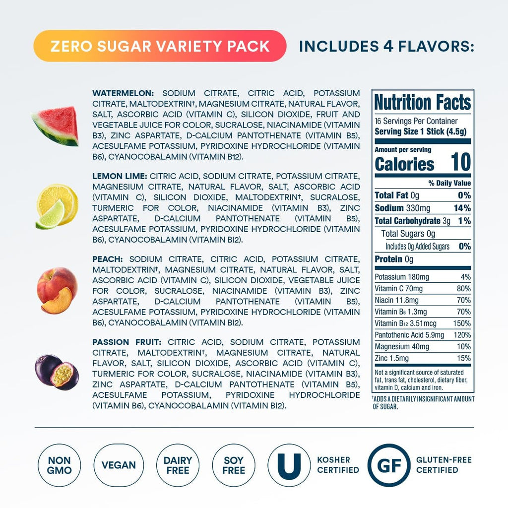 DripDrop Zero Sugar Classic Variety Pack Electrolyte Powder, 8 oz sticks, 16 count